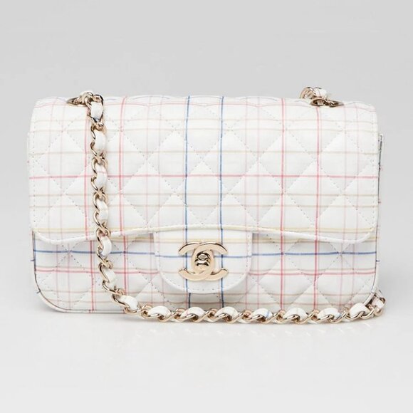 Chanel White Multicolor Quilted Leather Plaid Printed Single Flap Bag - Picture 1 of 10